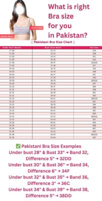 Pakistani bra size chart showing under bust, over bust, and corresponding bra sizes from 32A to 40F with a colorful pink design.